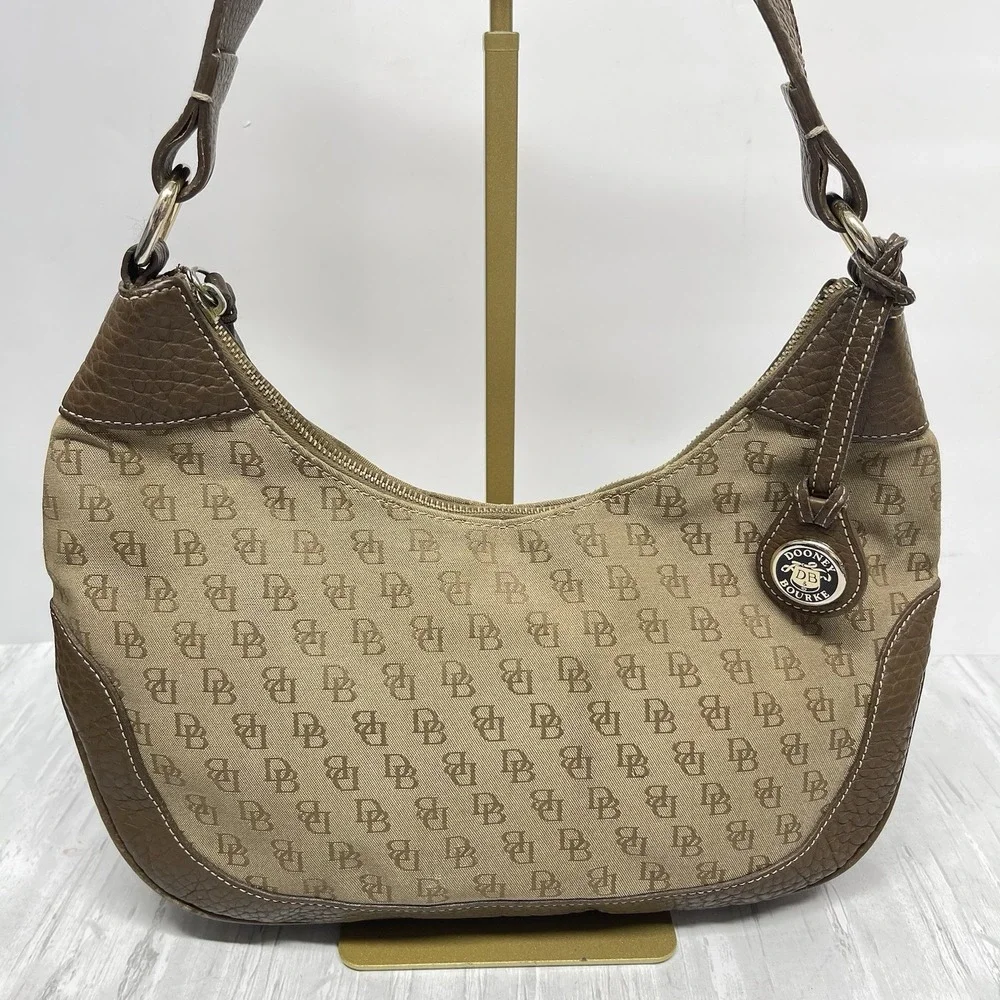 Vintage Dooney & Bourke Signature Canvas & Leather Shoulder Hobo Bag‎ Kaki Brown